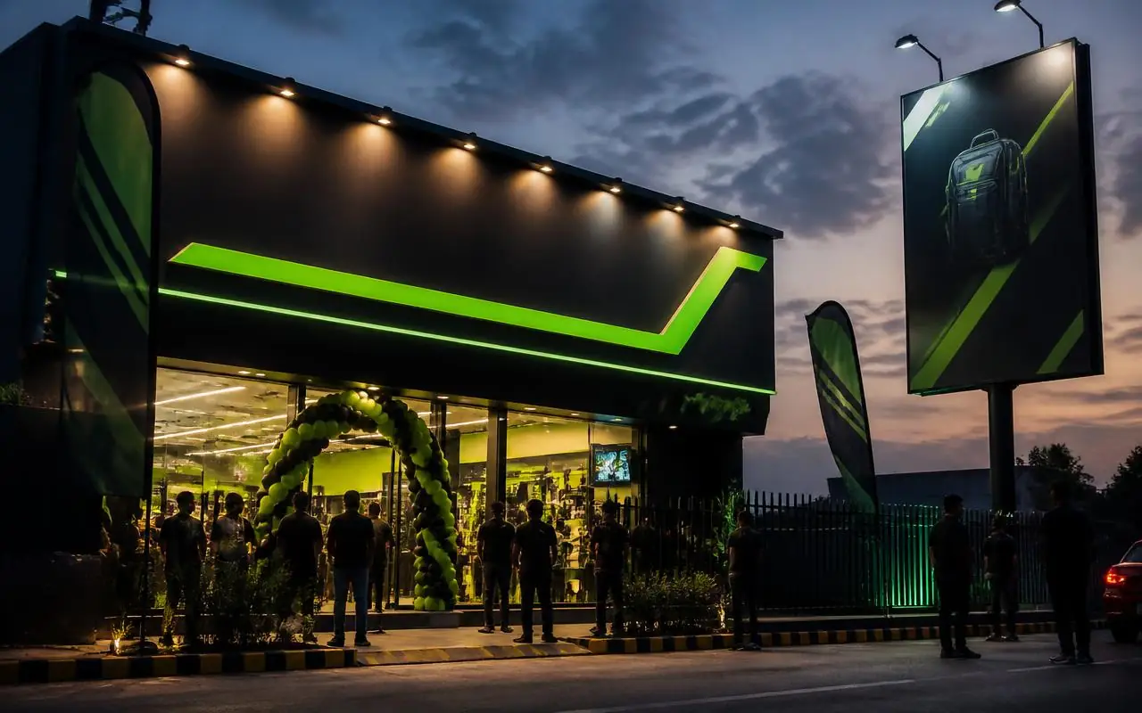 Store launch at dusk with illuminated signage, banners and a roadside billboard