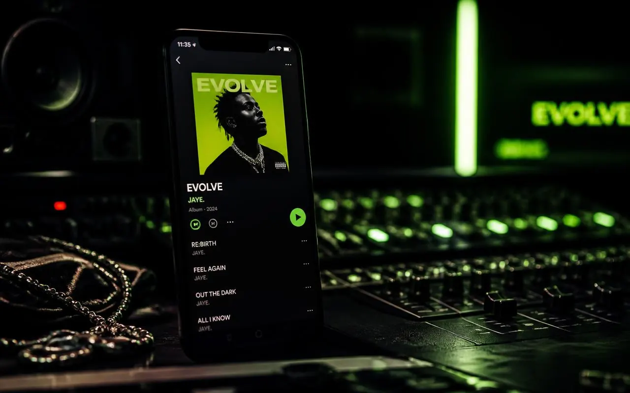Artist release artwork on a phone beside a studio mixing desk lit in neon lime