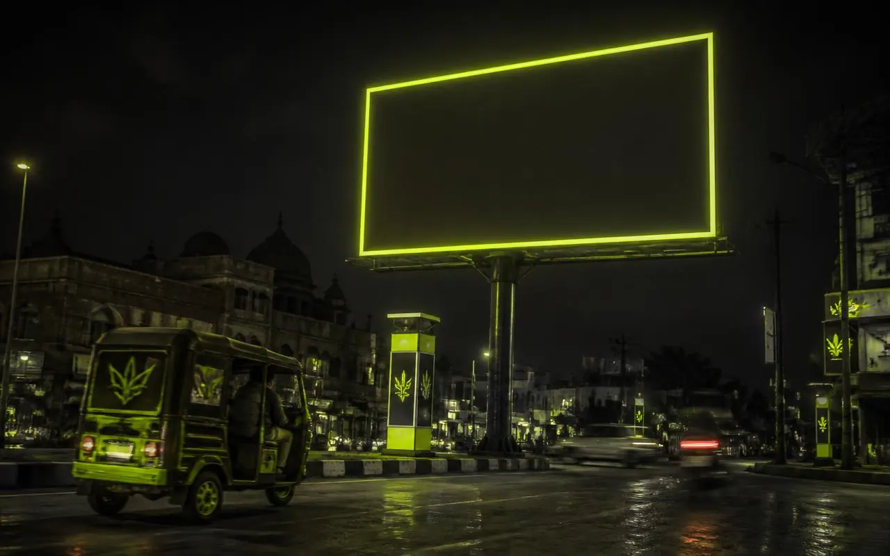 Night-time billboard, pole kiosks and branded e-rickshaw on a Punjab street